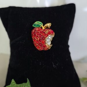 Gold Small Rhinestone Red Apple Brooch Pin